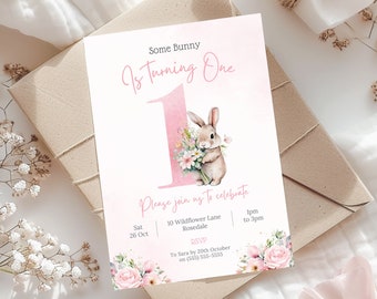 Some Bunny is Turning One Invite | Pink Girl First Birthday Invitation | Rabbit 1st Birthday Invite | Instant Download | Canva Template