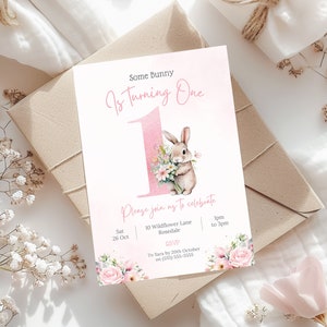 Some Bunny is Turning One Invite | Pink Girl First Birthday Invitation | Rabbit 1st Birthday Invite | Instant Download | Canva Template