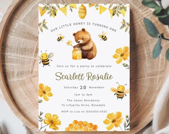 Honey Bee 1st Birthday Invite | Our Little Honey Invitation | Bumble Bee Birthday Party | Girls 1st Birthday | Editable Invitation | Any Age