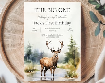 The Big One Deer Hunting Primera invitación de cumpleaños / Caza editable 1er cumpleaños invitación / Niño 1er cumpleaños / Fiesta temática de ciervos Buck