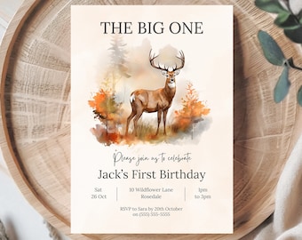 The Big One Deer Hunting Primera invitación de cumpleaños / Caza editable 1er cumpleaños invitación / Niño 1er cumpleaños / Fiesta temática de ciervos Buck