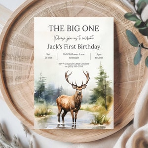 The Big One Deer Hunting Primera invitación de cumpleaños / Caza editable 1er cumpleaños invitación / Niño 1er cumpleaños / Fiesta temática de ciervos Buck