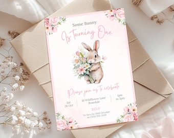 Some Bunny is Turning One Invite | Pink Girl First Birthday Invitation | Floral Rabbit 1st Birthday Invite | Instant Download Canva Template