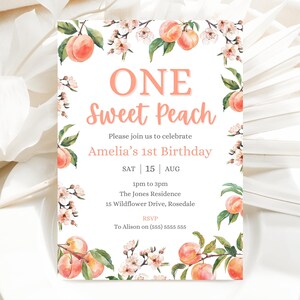 One Sweet Peach Birthday Invitation | Peach 1st Birthday Invite | Editable Digital Invite | Girls 1st Birthday | Instant Download