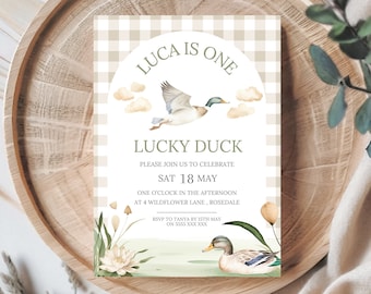 Mallard Duck | Editable Canva Download | Duck Birthday Party | Mallard Invitation | Hunting Theme | Lucky Duck First Birthday Invitation