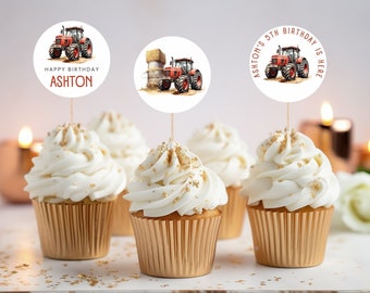 Toppers de cupcake de trator vermelho | 5º aniversário do trator masculino | Decorações para festas de aniversário de fazenda | Festa Temática Trator | Toppers de cupcake editáveis