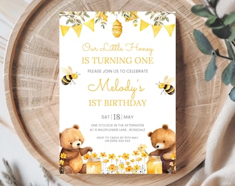 Bee Birthday Invitation Canva | 1st Birthday Instant Download | Bee Birthday Invitation Template | Bee Day Invitation | First Birthday