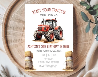 Puede incluir: Invitación a una fiesta de cumpleaños con temática de tractor rojo con una ilustración de acuarela de un tractor rojo. La invitación dice "Start your tractor and get into gear" y "Ashton's 5th birthday is here!" con detalles para la fiesta.