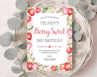 Strawberry Birthday Invitation | 2nd Birthday Invitation | Berry Sweet Birthday | 2nd Birthday Invitations Girl | editable invitation