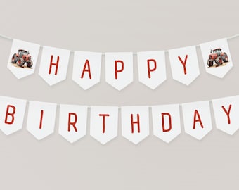 Estamenha de aniversário de trator vermelho | Decorações para festas na fazenda | Banner editável para festa de trator | Download instantâneo | Decorações para festas de trator