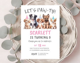 Girls Puppy Pawty Invite Template | Let's Pawty Birthday Party | Editable Puppy Birthday Invitation Let | Pet Party | Instant Download
