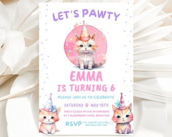 Cat Lets Pawty Invite | Instant Download | Pawty Birthday Invitation | Pink Invitation Printable | Editable Canva Template | Kitten Birthday