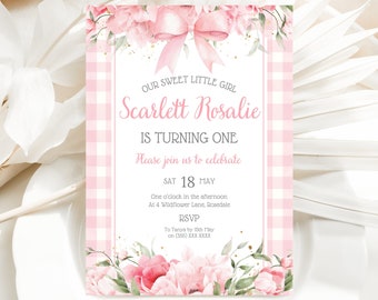 Bow Pink Gingham Birthday Invite | Girl Birthday Invitation | First Birthday | Pink Gingham editable invite template | Instant Download