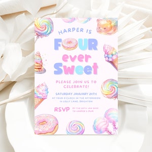 Four Ever Sweet Birthday Invitation | Girl Editable Donut Invitation | Sweet Celebration | Candy Invitation | Digital Download 4th Birthday