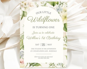 Wildflower 1st Birthday Invitation Template | Our Little Wildflower is Turning One | Floral Birthday Invitation | instant download