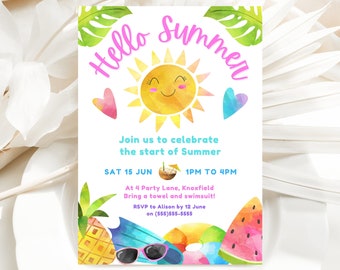 Hola invitación de verano / Fiesta de verano / Summer Splish Splash / Invitación a fiesta en la piscina / Plantilla de invitación de Canva / Invitación a fiesta de fin de escuela