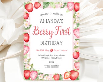 Berry First Birthday Invitation | Instant Download | Editable Strawberry First Birthday Invitation | Strawberry Themed Invitation