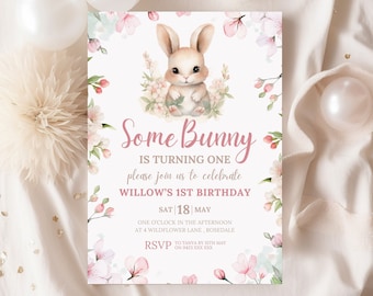 Bunny 1st Birthday invitation | Some bunny is turning one invite | Somebunny is One | Bunny Birthday party invitation | Bunny and flowers