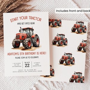 red tractor boys 5th birthday invitation canva template