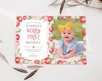 Strawberry 1st Birthday Invite with Photo | Berry First Birthday Decor | Editable Canva Template | Printable Invitation | Instant Download
