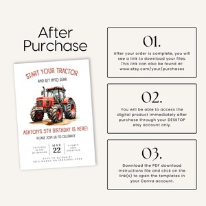 Pode incluir: Convite de anivers&aacute;rio imprim&iacute;vel com tema de trator com uma ilustra&ccedil;&atilde;o de um trator vermelho, o texto "Start Your Tractor and Get Into Gear" e as palavras "Ashton's 5th Birthday is Here! Please Join Us to Celebrate". O convite inclui a data "Mar 22" e a hora "1 o'clock in the afternoon".