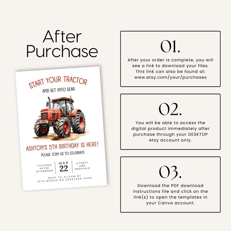 Pode incluir: Convite de anivers&aacute;rio imprim&iacute;vel com tema de trator com uma ilustra&ccedil;&atilde;o de um trator vermelho, o texto "Start Your Tractor and Get Into Gear" e as palavras "Ashton's 5th Birthday is Here! Please Join Us to Celebrate". O convite inclui a data "Mar 22" e a hora "1 o'clock in the afternoon".
