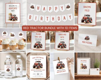 May include: Red tractor themed party printable bundle with 10 items. Includes welcome sign, happy birthday banner, cupcake toppers, favor tags, water bottle labels, food labels, and more. Perfect for a farm-themed birthday party.