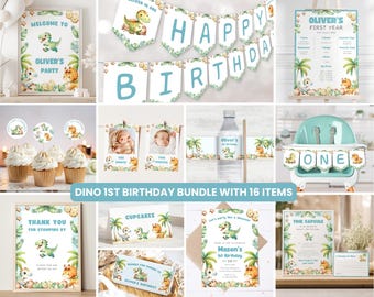 Dinosaur 1st Birthday Bundle | Editable Dinosaur Birthday Bundle | Dino Birthday Invite | Boys Dino Party Decor | Instant Download