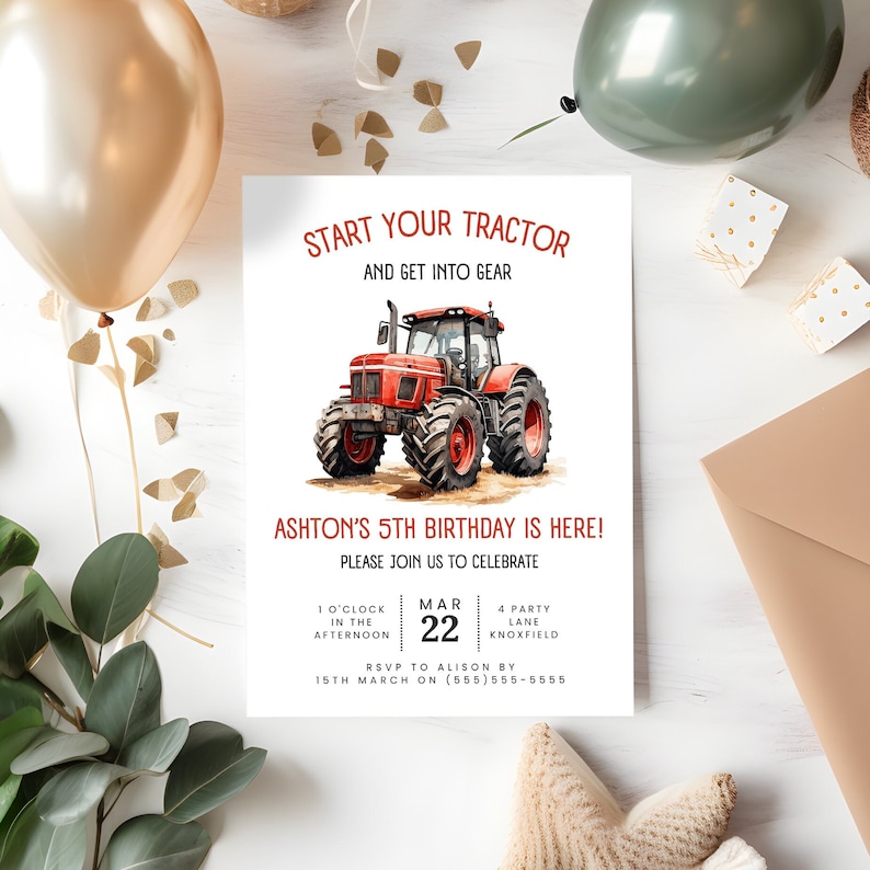 red tractor boys 5th birthday invitation canva template