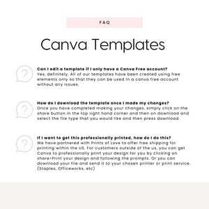 Puede incluir: Una p&aacute;gina de preguntas frecuentes de plantillas de Canva con tres signos de interrogaci&oacute;n en burbujas de di&aacute;logo. El texto en las burbujas hace preguntas sobre la edici&oacute;n de plantillas, la descarga de plantillas y la impresi&oacute;n de plantillas. El texto en las burbujas es negro y las burbujas de di&aacute;logo son de color azul claro.