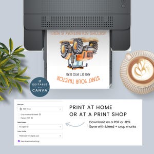 May include: Editable printable tractor birthday invitation with the text "Start your tractor and get into gear. Ashton's 5th birthday is here!"  The invitation features a watercolor illustration of a tractor.