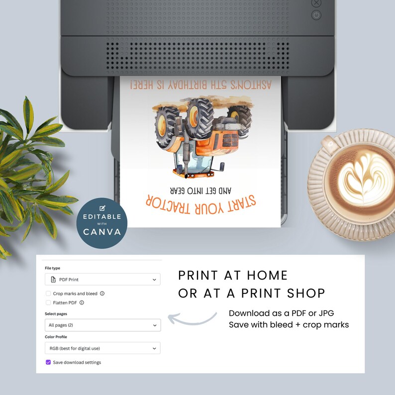 May include: Editable printable tractor birthday invitation with the text "Start your tractor and get into gear. Ashton's 5th birthday is here!"  The invitation features a watercolor illustration of a tractor.