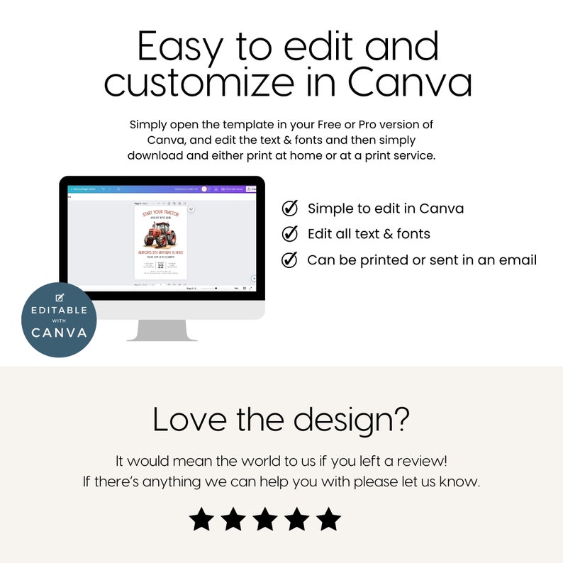 Pode incluir: Modelo de convite de anivers&aacute;rio de trator edit&aacute;vel no Canva. O convite apresenta um trator vermelho com uma mensagem de anivers&aacute;rio. O texto diz "Simples de editar no Canva", "Editar todo o texto e as fontes", e "Pode ser impresso ou enviado por e-mail".