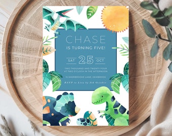 Boys Dino 5th Birthday Invitation | Boys Birthday | Dino Party | T Rex | Instant Download | Dinosaur Party Invite | Editable Canva Template