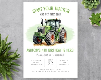 Könnte beinhalten: Ein grüner Traktor vor weißem Hintergrund. Der Text auf der Einladung lautet "Start your tractor and get into gear. Ashton's 4th birthday is here! Please join us to celebrate. Mar 22, 1 o'clock in the afternoon, 4 Party Lane, Knoxfield. RSVP to Alison by 15th March on (555) 555-5555."