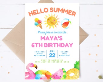 Invitación de cumpleaños de Hola verano, Fiesta de fin de curso, Invitación digital imprimible, Plantilla de invitación de fiesta de Hola verano, Cumpleaños de verano