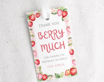 Strawberry Party Favor Thank You Tag | Printable Berry Gift Tag | Berry 1st Birthday Party Decor | Editable Canva Template, Instant Download