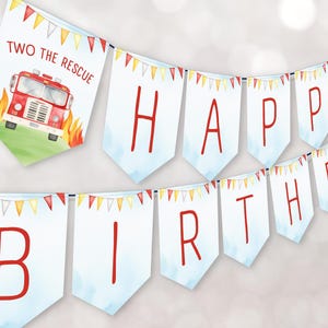 Fire Truck Birthday Banner | Fireman Party Decor | Printable Fire Truck Bunting | Two the Rescue Banner | Editable Fire Truck Party Decor