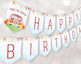 Fire Truck Birthday Banner | Fireman Party Decor | Printable Fire Truck Bunting | Two the Rescue Banner | Editable Fire Truck Party Decor