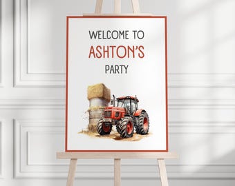 Könnte beinhalten: Willkommen zur Party von Ashton Schild mit einem roten Traktor und Heuballen im Aquarell-Stil.