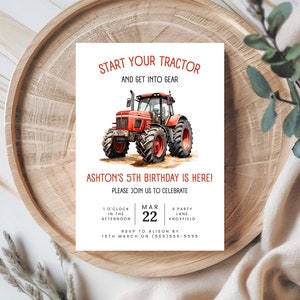 red tractor boys 5th birthday invitation canva template