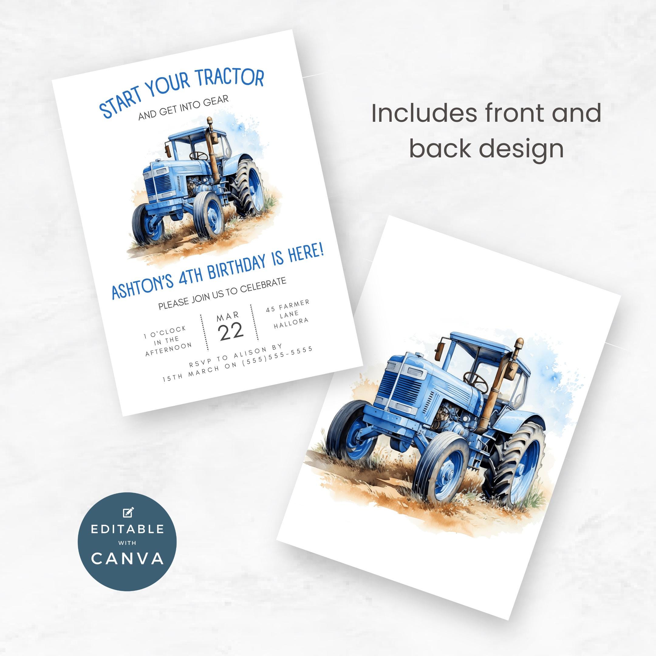 Blue Tractor Birthday Invite | Farm Party Invitation Template ...