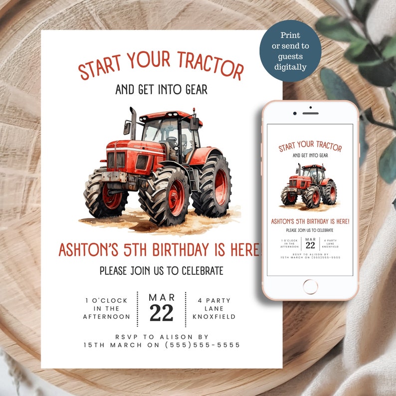 red tractor boys 5th birthday invitation canva template