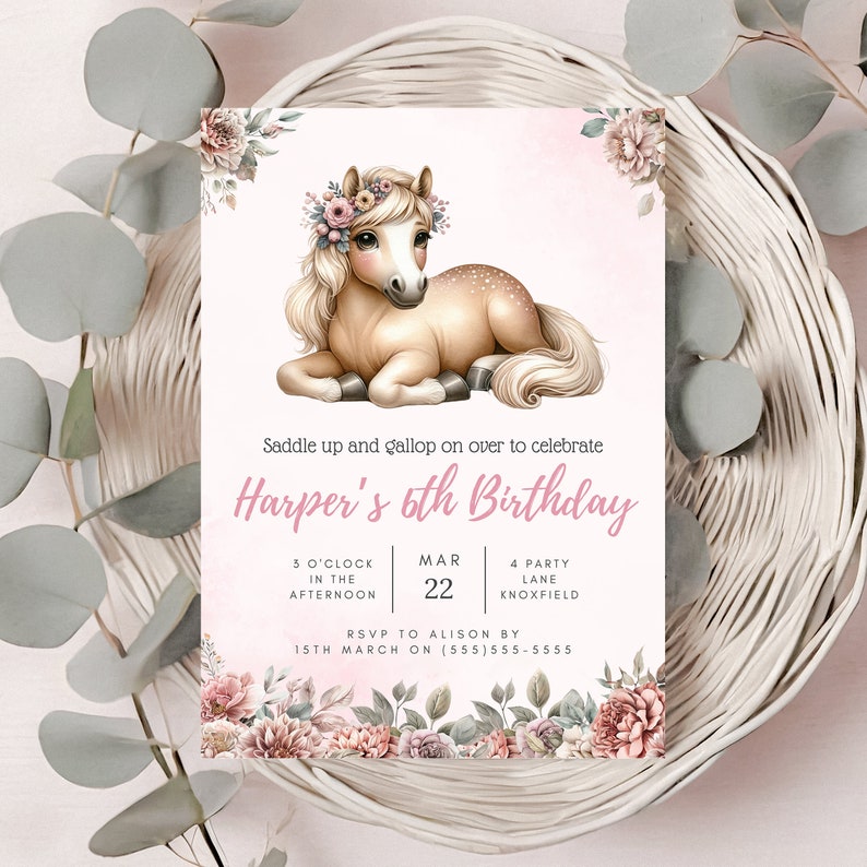 May include: A pink and white birthday invitation featuring a cartoon illustration of a brown horse wearing a flower crown. The text reads "Saddle up and gallop on over to celebrate Harper's 6th Birthday". The invitation includes details for the party, including the date, time, and location.