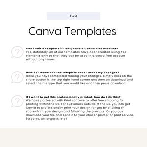 May include: A Canva Templates FAQ page with three question marks in speech bubbles. The text in the first bubble reads "Can I edit a template if I only have a Canva Free account?" The text in the second bubble reads "How do I download the template once I made my changes?" The text in the third bubble reads "If I want to get this professionally printed, how do I do this?"
