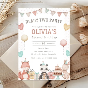 2nd Birthday Invite Ready Two Party | Invitation Template | Cute Editable Birthday Invitation for Girls | Instant Download | Animal Invite