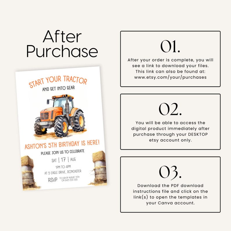 May include: Printable tractor-themed birthday invitation with a watercolor illustration of a red tractor. The invitation includes the text "Start your tractor and get into gear" and "Ashton's 5th birthday is here!" with details for the birthday party.