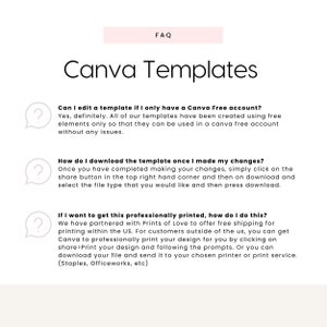Pode incluir: Uma p&aacute;gina de perguntas frequentes sobre modelos Canva com tr&ecirc;s pontos de interroga&ccedil;&atilde;o em bal&otilde;es de fala. O texto nos bal&otilde;es explica como editar e baixar modelos, e como imprimi-los profissionalmente.