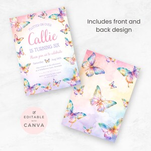 Puede incluir: Plantilla de invitaci&oacute;n de cumplea&ntilde;os editable con un fondo de acuarela con mariposas de colores y el texto "Flutter on over Callie is turning six. Please join us to celebrate. Saturday Aug 14th. One o'clock in the afternoon at 4 Wildflower Lane, Rosedale. RSVP to Tanya by 10th August on 555 XXX XXXX".