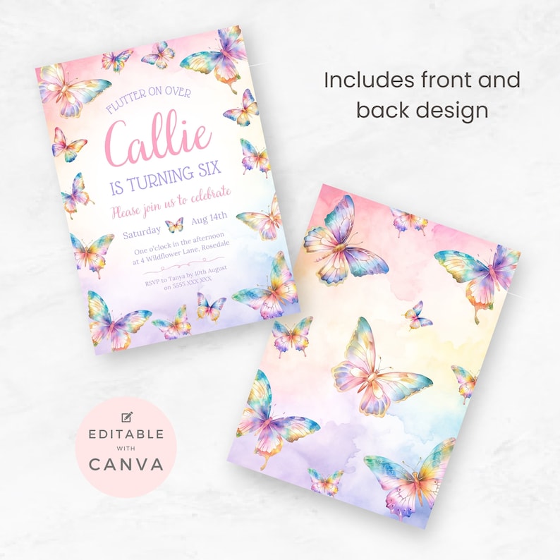 Puede incluir: Plantilla de invitaci&oacute;n de cumplea&ntilde;os editable con un fondo de acuarela con mariposas de colores y el texto "Flutter on over Callie is turning six. Please join us to celebrate. Saturday Aug 14th. One o'clock in the afternoon at 4 Wildflower Lane, Rosedale. RSVP to Tanya by 10th August on 555 XXX XXXX".